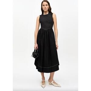 GANNI Black Washed Stretch Cotton Smock Midi Dress Sz 40